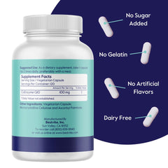 BESTVITE CoQ10 capsules closeup emphasizes 100 mg per capsule in a vegetarian format.