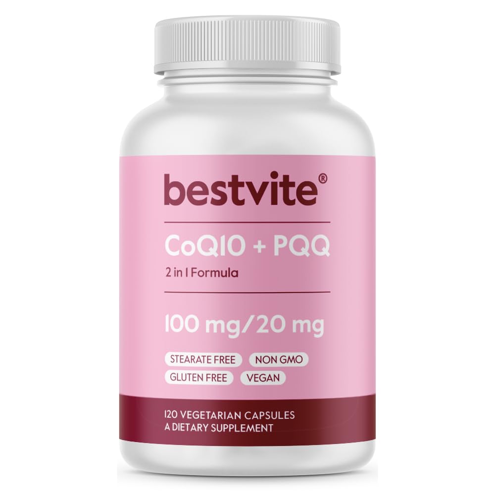 BESTVITE CoQ10 with PQQ bottle front view, highlighting vegan formula and no stearates.