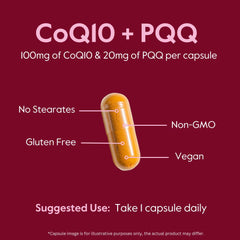 Label detail showing non-GMO, GMP, and vegan claims for BESTVITE CoQ10 with PQQ.
