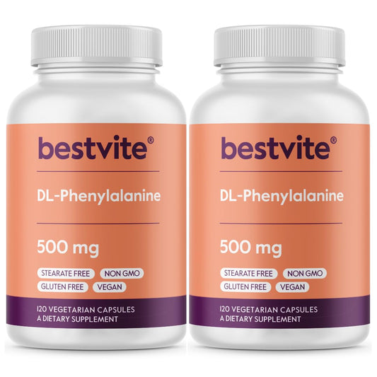 Bestvite DL-Phenylalanine bottle front showing 500 mg capsules for daily support