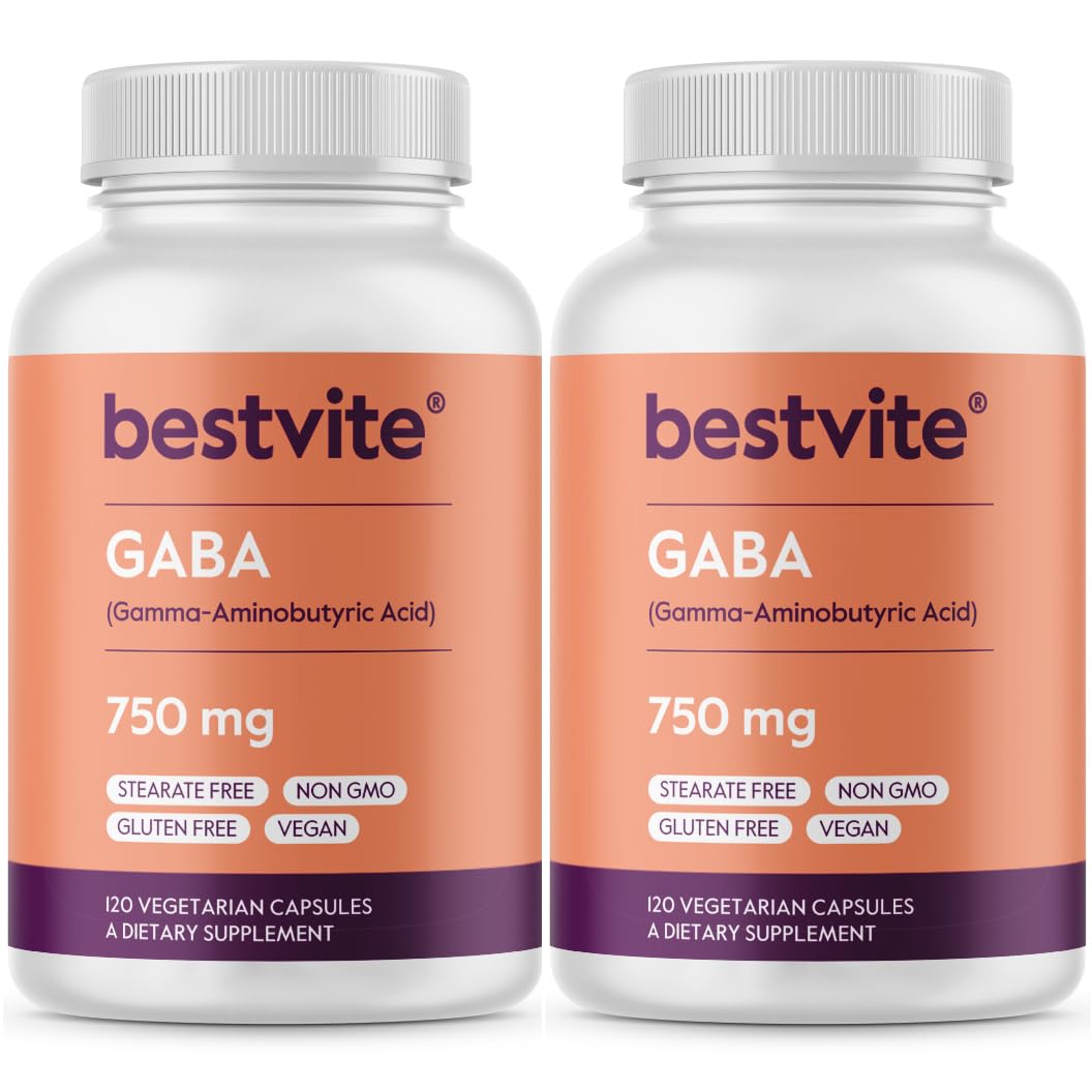 Bestvite GABA bottle close-up showing 750 mg capsules for relaxation support.