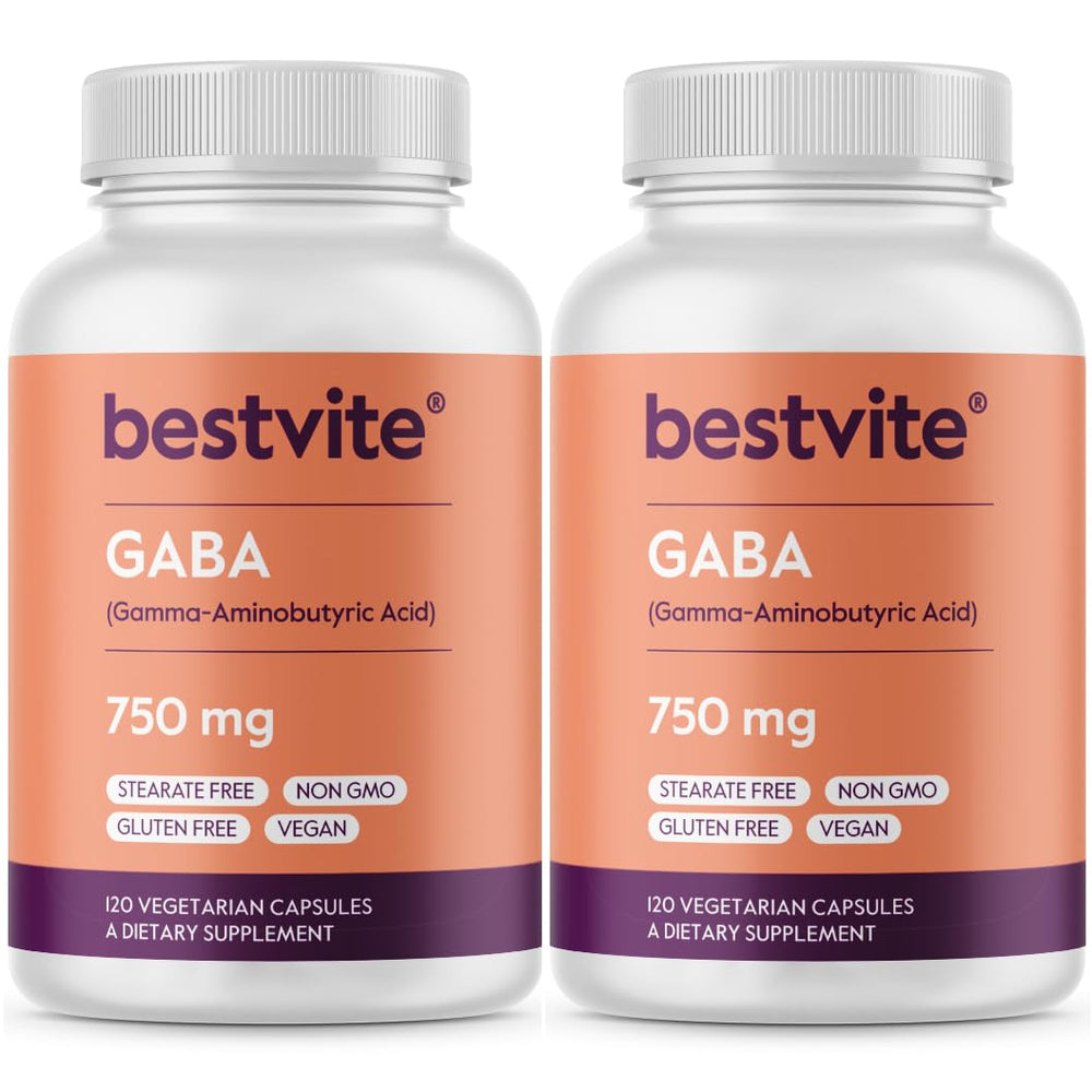 Bestvite GABA bottle close-up showing 750 mg capsules for relaxation support.