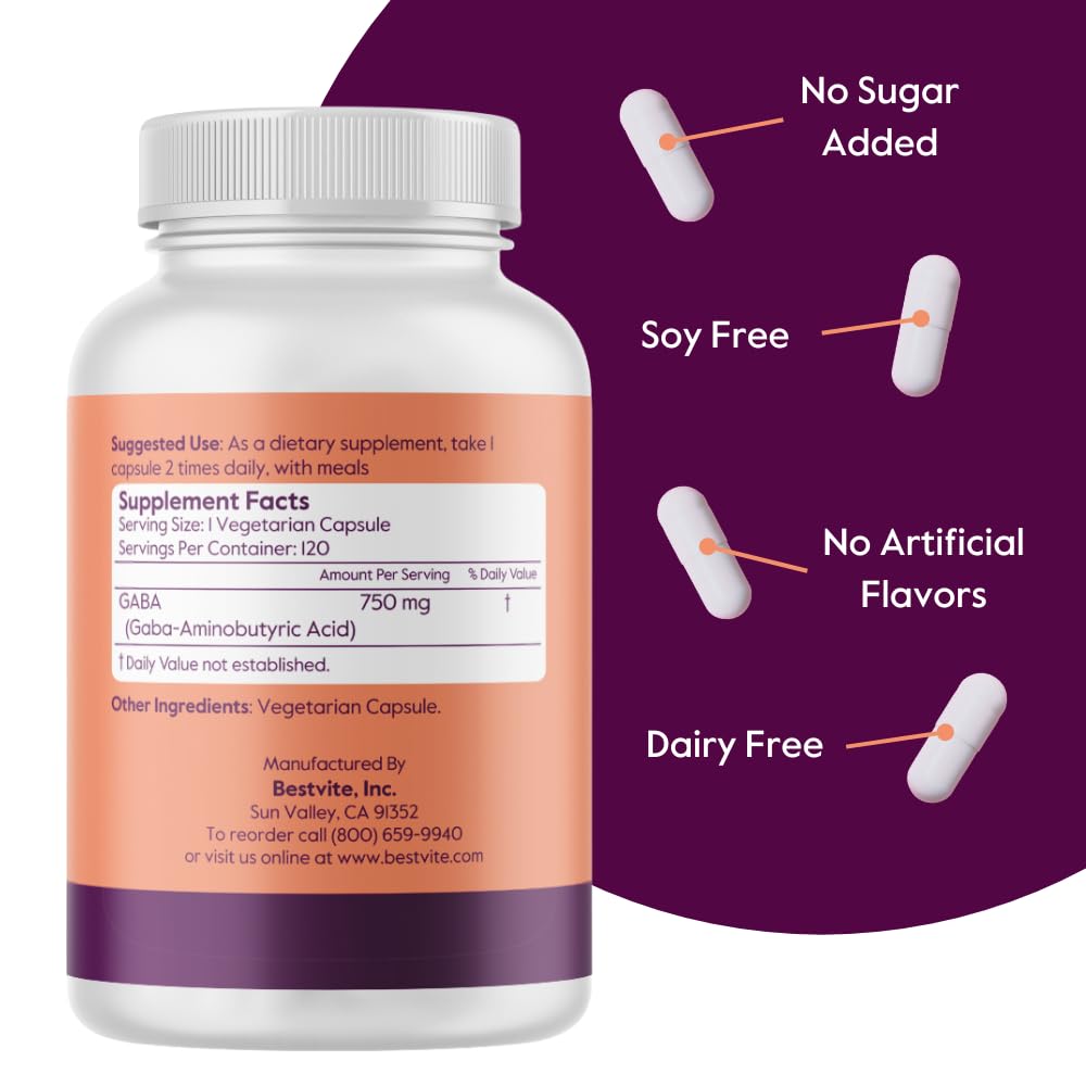 Bestvite GABA label highlights vegan, gluten-free, non-GMO features.