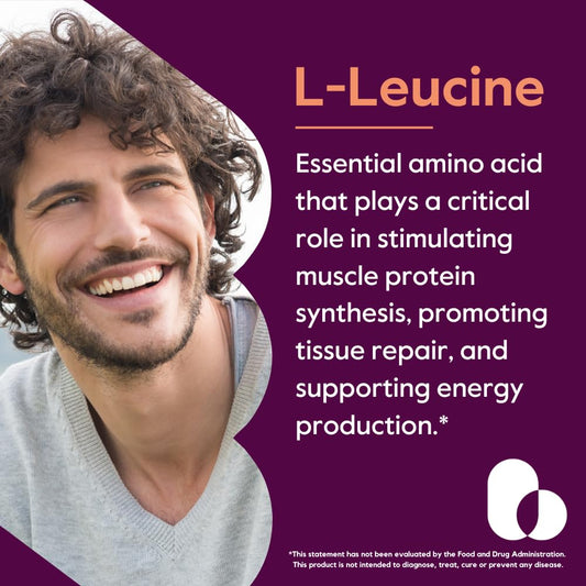 Bestvite leucine bottle label highlights vegan, non-GMO formula for purity.