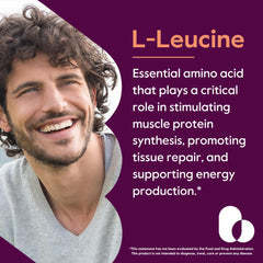 Bestvite leucine bottle label highlights vegan, non-GMO formula for purity.