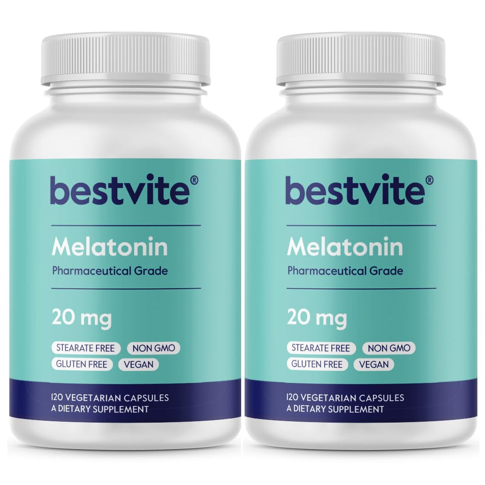 BESTVITE Melatonin 20mg vegetarian capsules in a 120x2 bottle for restful nights