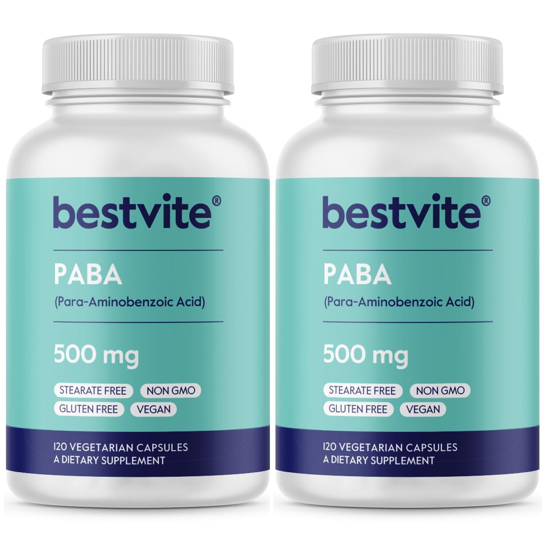 BESTVITE PABA 500mg bottle front with label, showing vegan and gluten-free emphasis.