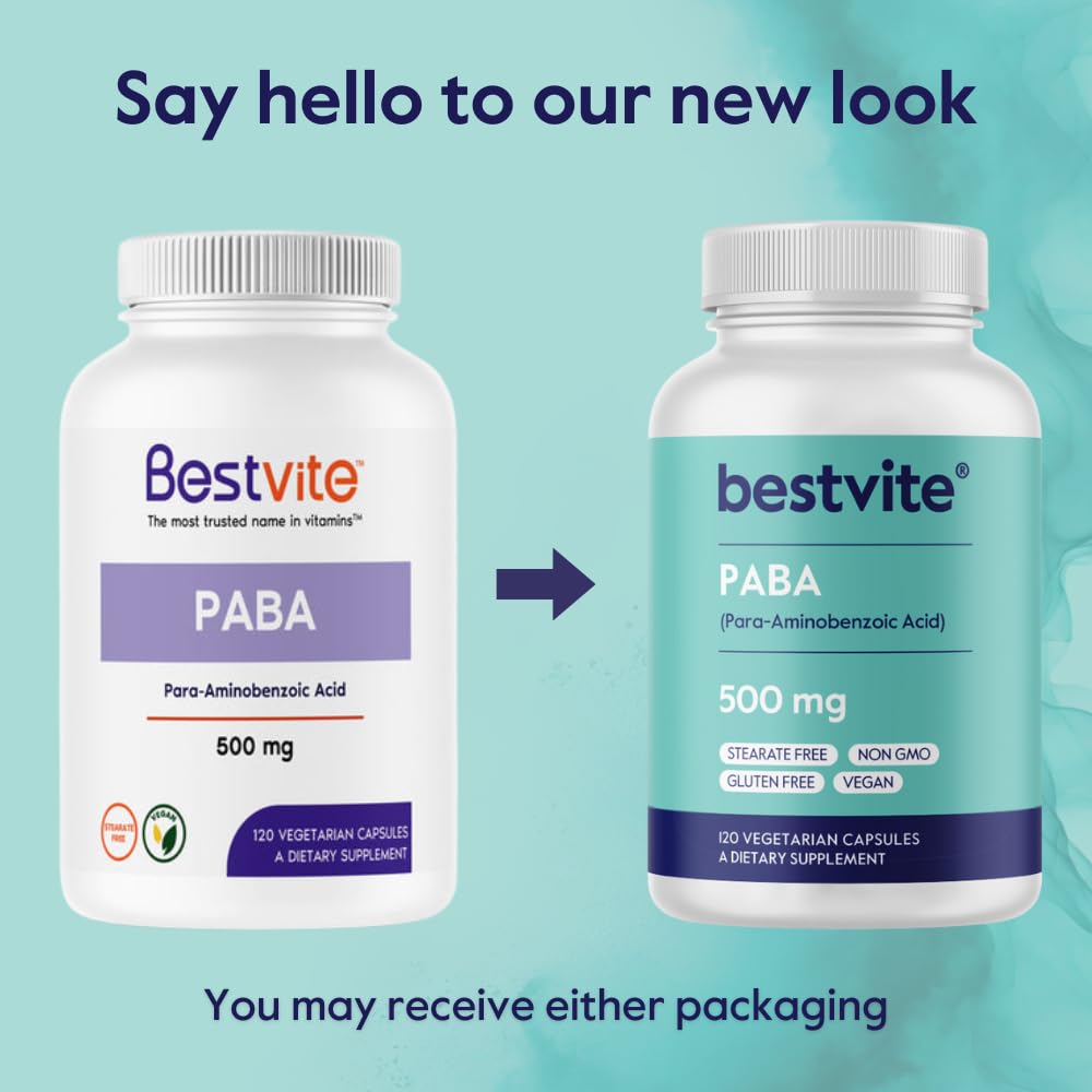 Bottle and label of BESTVITE PABA 500mg emphasizing gluten-free and non-GMO claims.