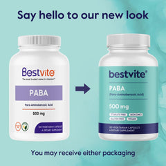 Bottle and label of BESTVITE PABA 500mg emphasizing gluten-free and non-GMO claims.