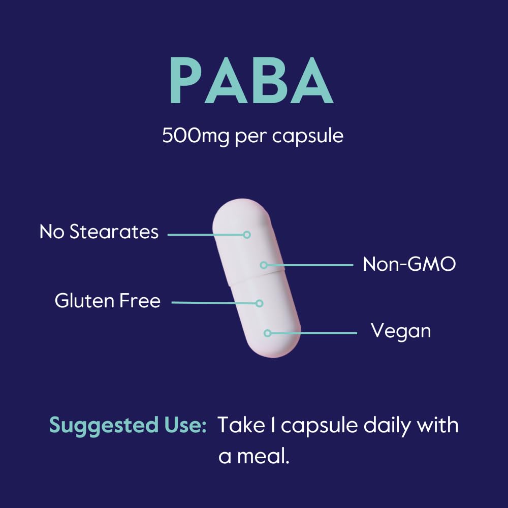 Vegan and non-GMO icons on BESTVITE PABA 500mg packaging for clean nutrition.