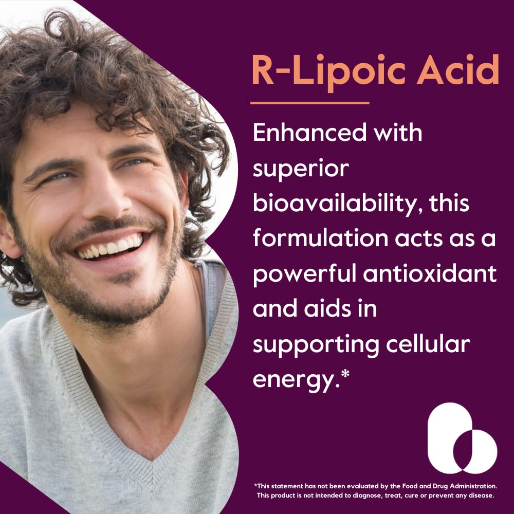 BESTVITE R-Lipoic Acid capsules closeup highlighting 100 mg potency for daily antioxidant support.