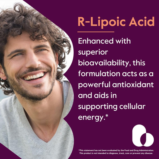 BESTVITE R-Lipoic Acid capsules closeup highlighting 100 mg potency for daily antioxidant support.
