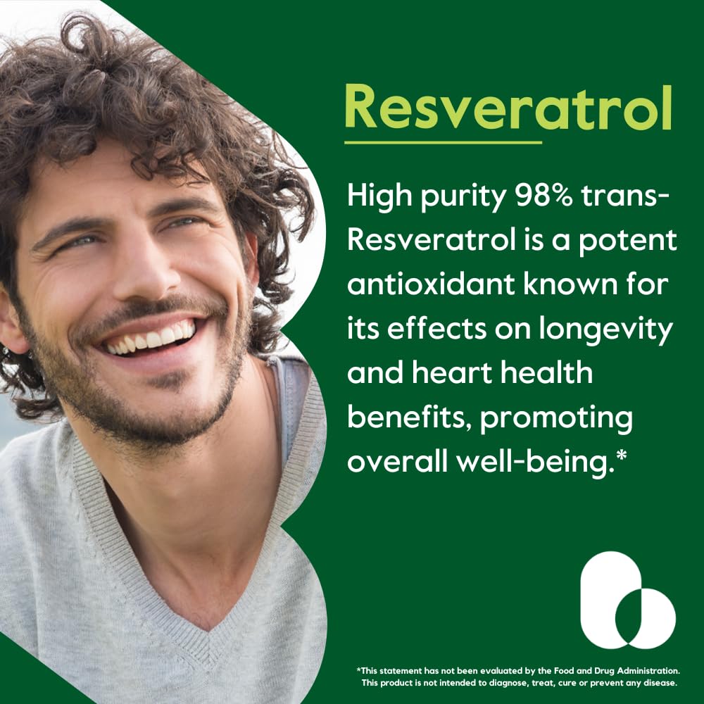 BESTVITE Resveratrol capsules close-up, 600mg per capsule, gluten-free and non-GMO.