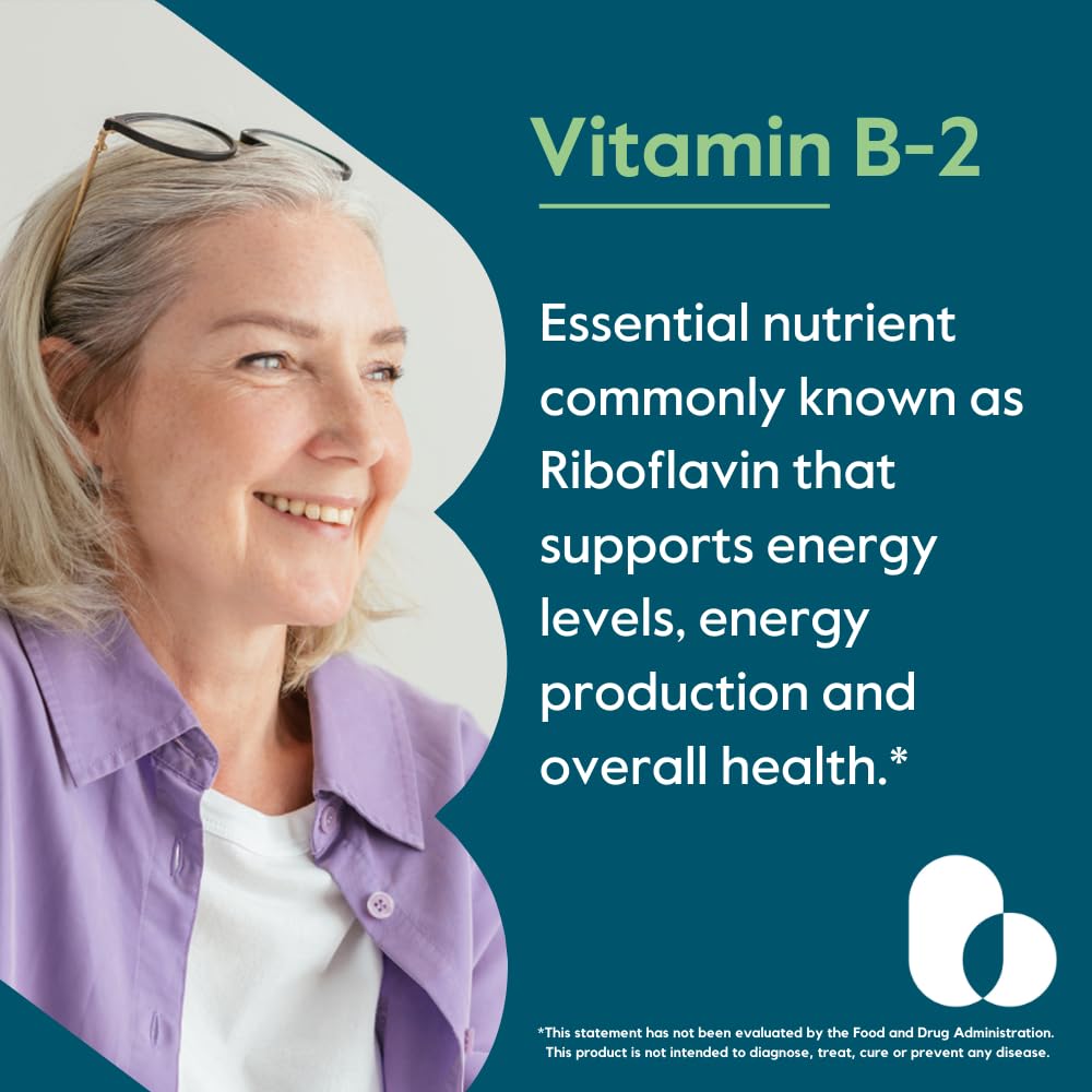 BESTVITE Riboflavin 400mg capsules closeup beside vegan and gluten-free indicators.