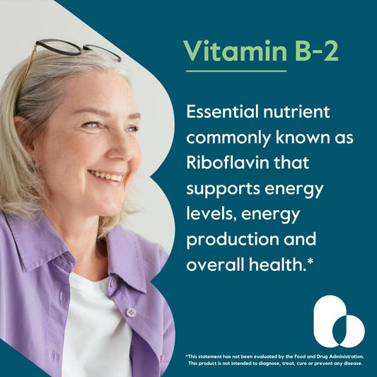 BESTVITE Riboflavin 400mg capsules closeup beside vegan and gluten-free indicators.