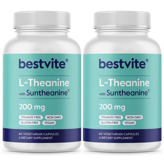 BESTVITE Suntheanine bottle front showing 120 capsules for focus and calm.