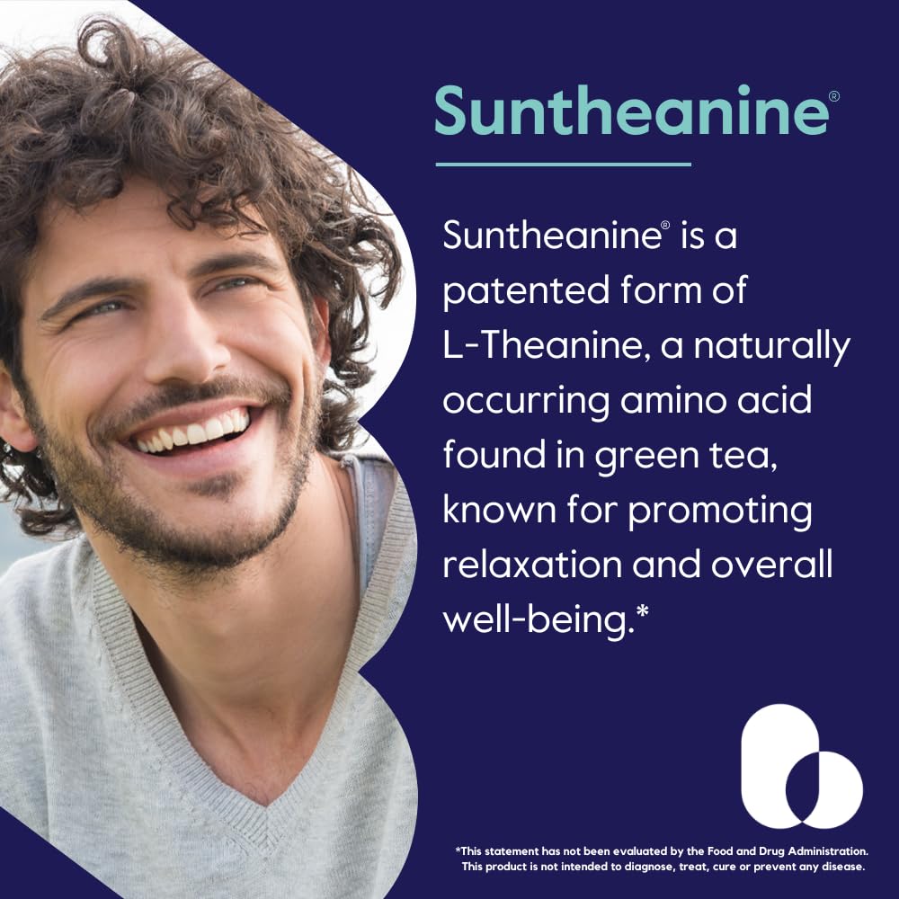 BESTVITE Suntheanine bottle label highlights patented 200 mg dose for focus.