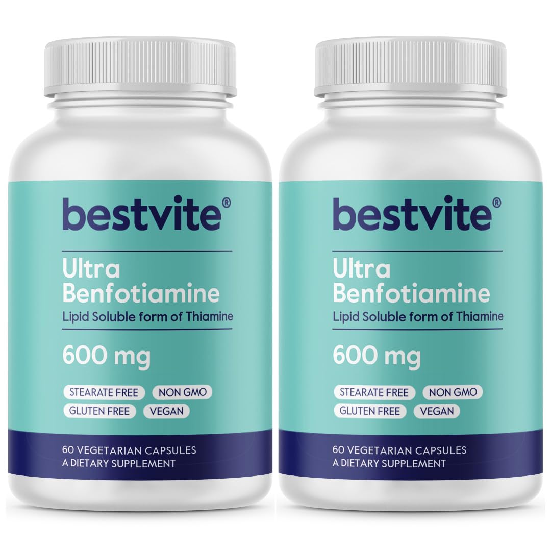BESTVITE Ultra Benfotiamine capsules closeup showing 600 mg potency per capsule