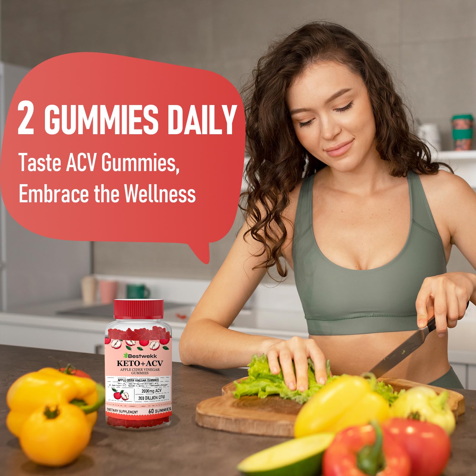Bestwekk ACV Gummies ready-to-use digestive support scene with glass of water.