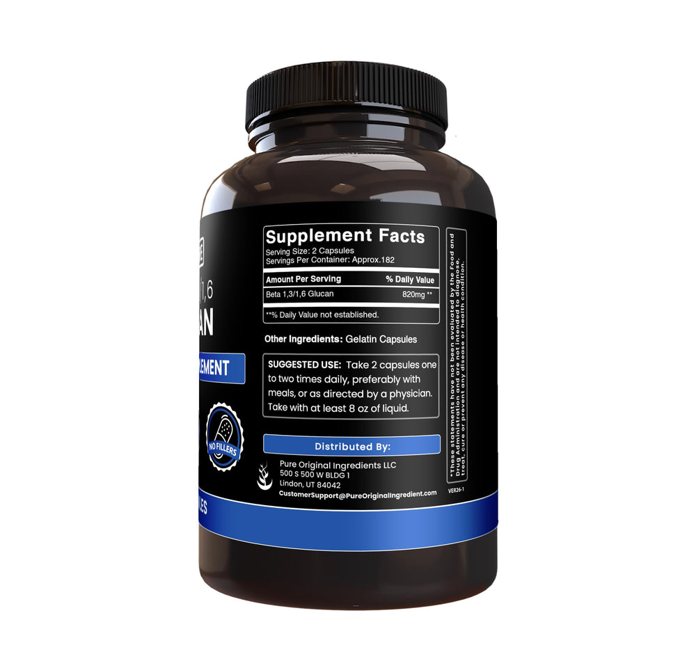 Beta Glucan capsules closeup with label shows pure undiluted formula.