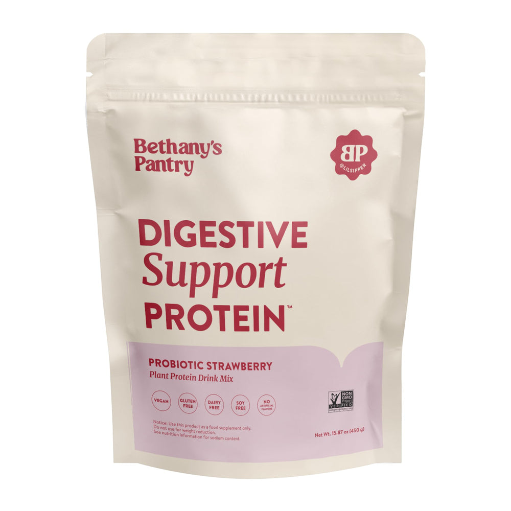 Bethany's Pantry Digestive Support Protein packaging shows premium vegan pea protein with probiotics for gut-friendly nutrition.
