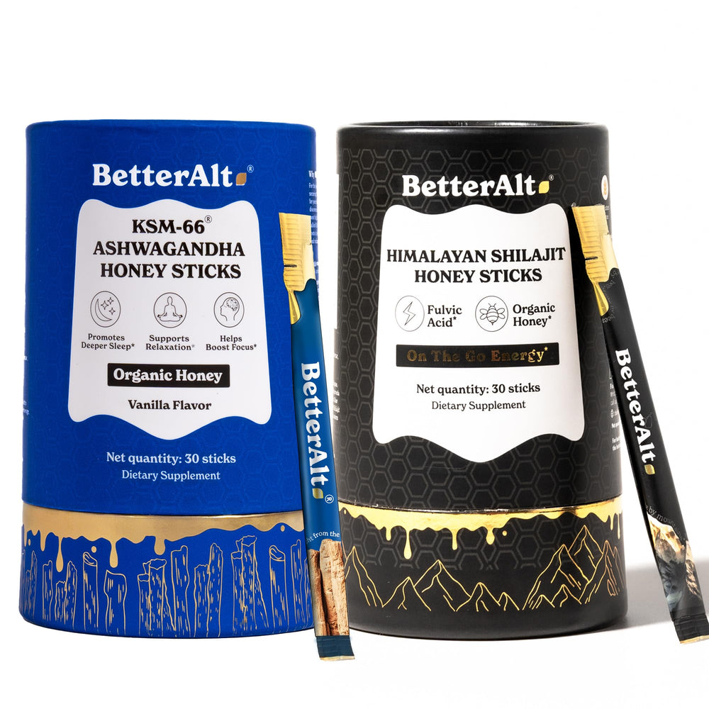 Better Alt Ashwagandha Honey Sticks two-pack close-up for natural energy support.