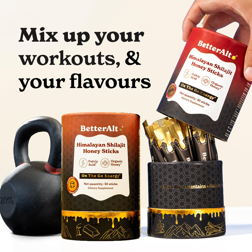 Better Alt Shilajit Honey Sticks ingredient detail emphasizes Himalayan origin and natural sweetness.