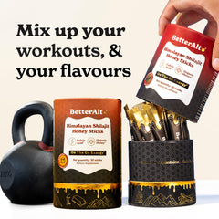 Better Alt Shilajit Honey Sticks ingredient detail emphasizes Himalayan origin and natural sweetness.