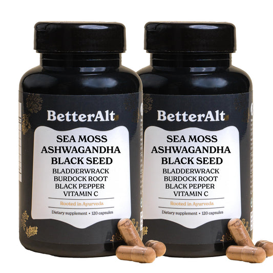 Better Alt Iris Sea Moss bottle highlighting a mineral-rich formula for daily vitality.