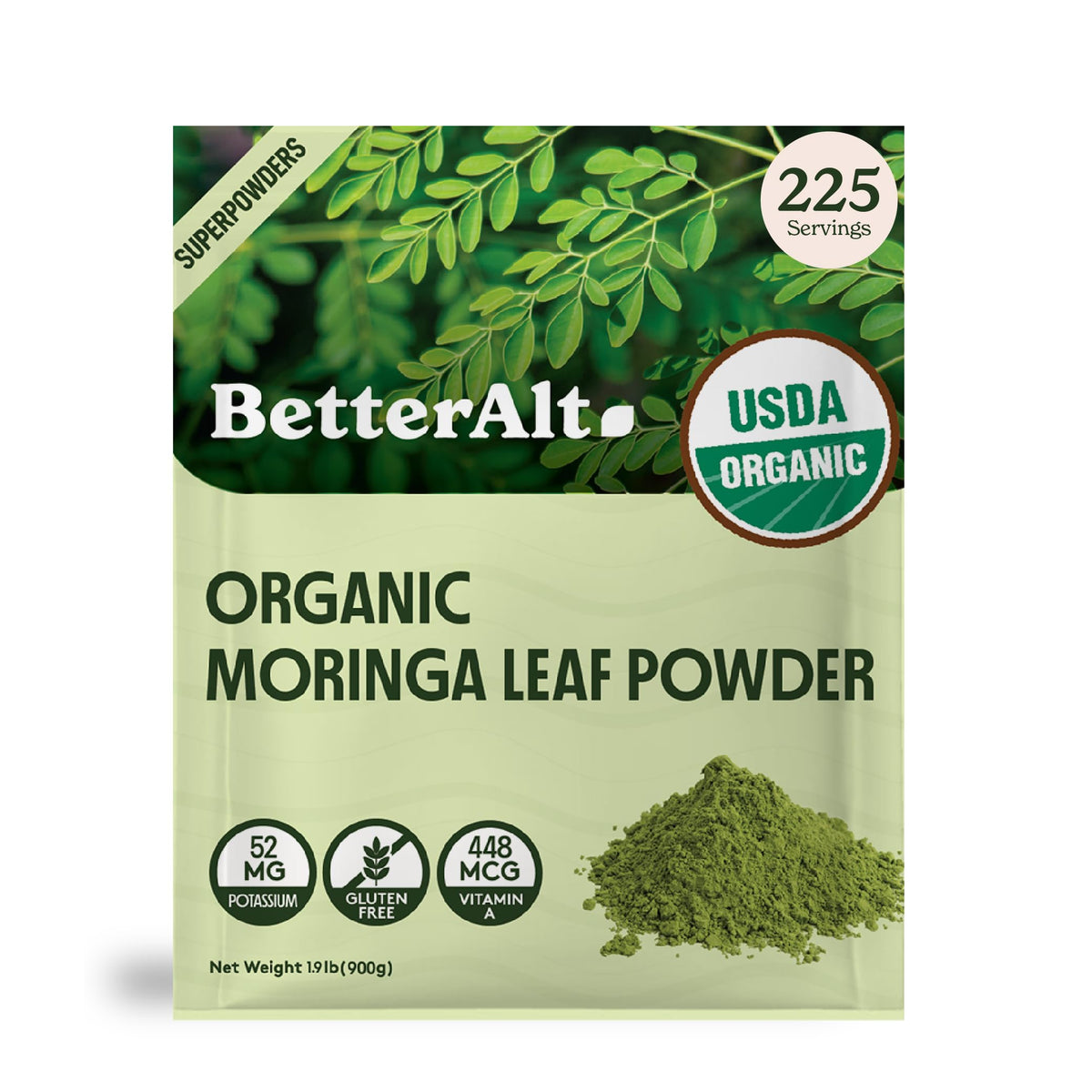 Better Alt Organic Moringa Powder packaging showing a resealable bag for freshness.