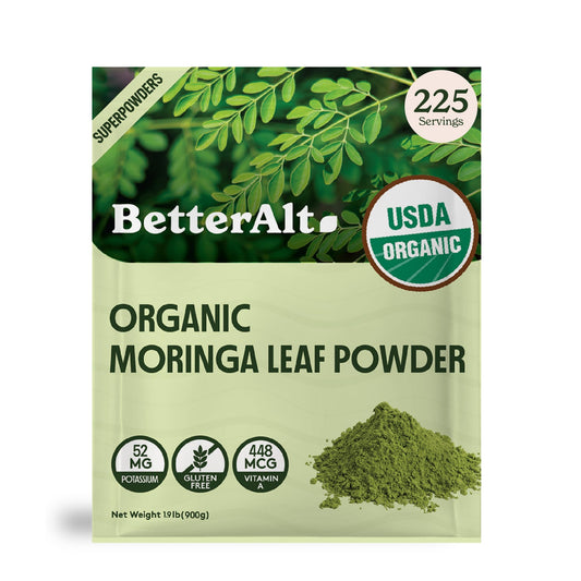 Better Alt Organic Moringa Powder packaging showing a resealable bag for freshness.