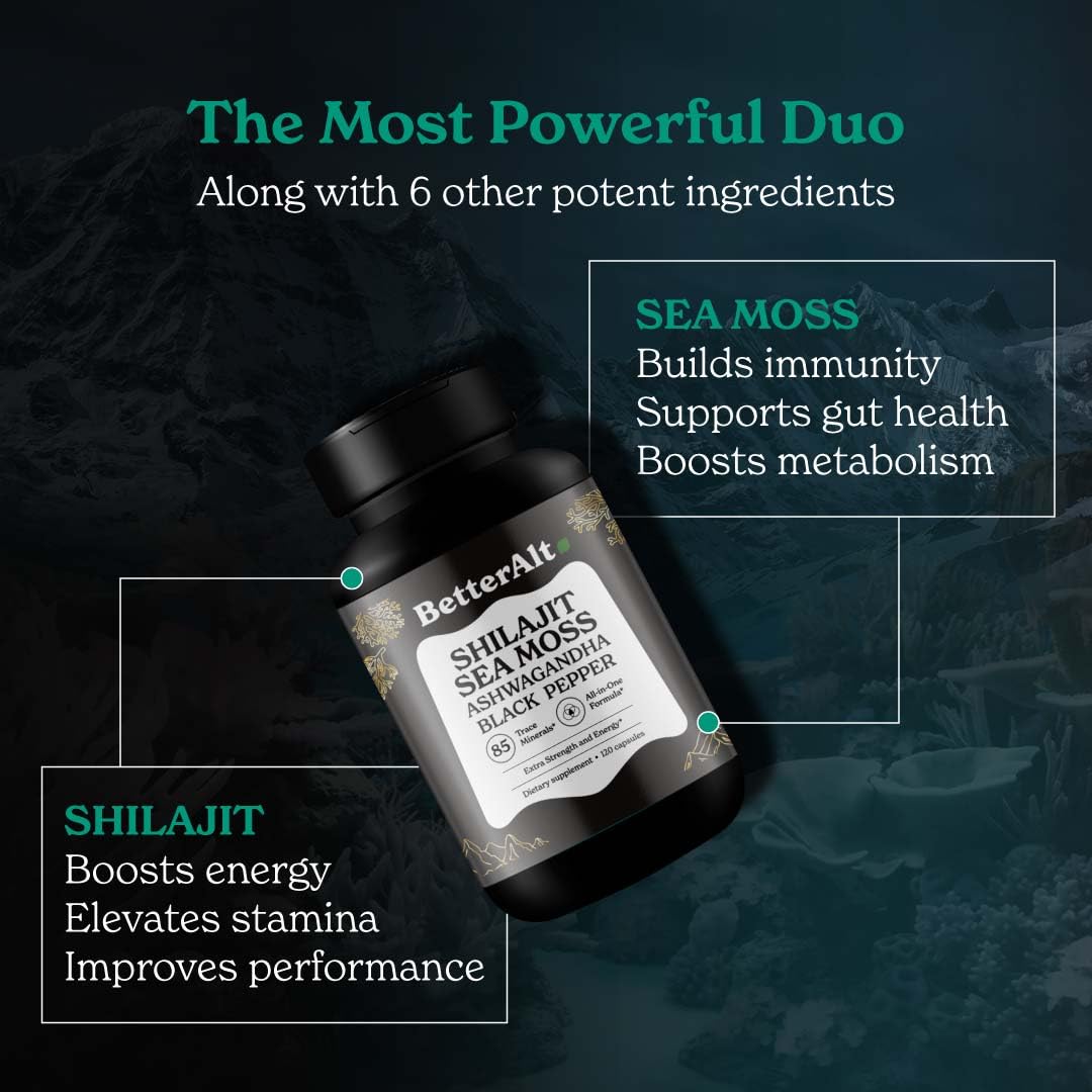 Better Alt Shilajit Sea Moss minerals chart showing 85+ minerals inside