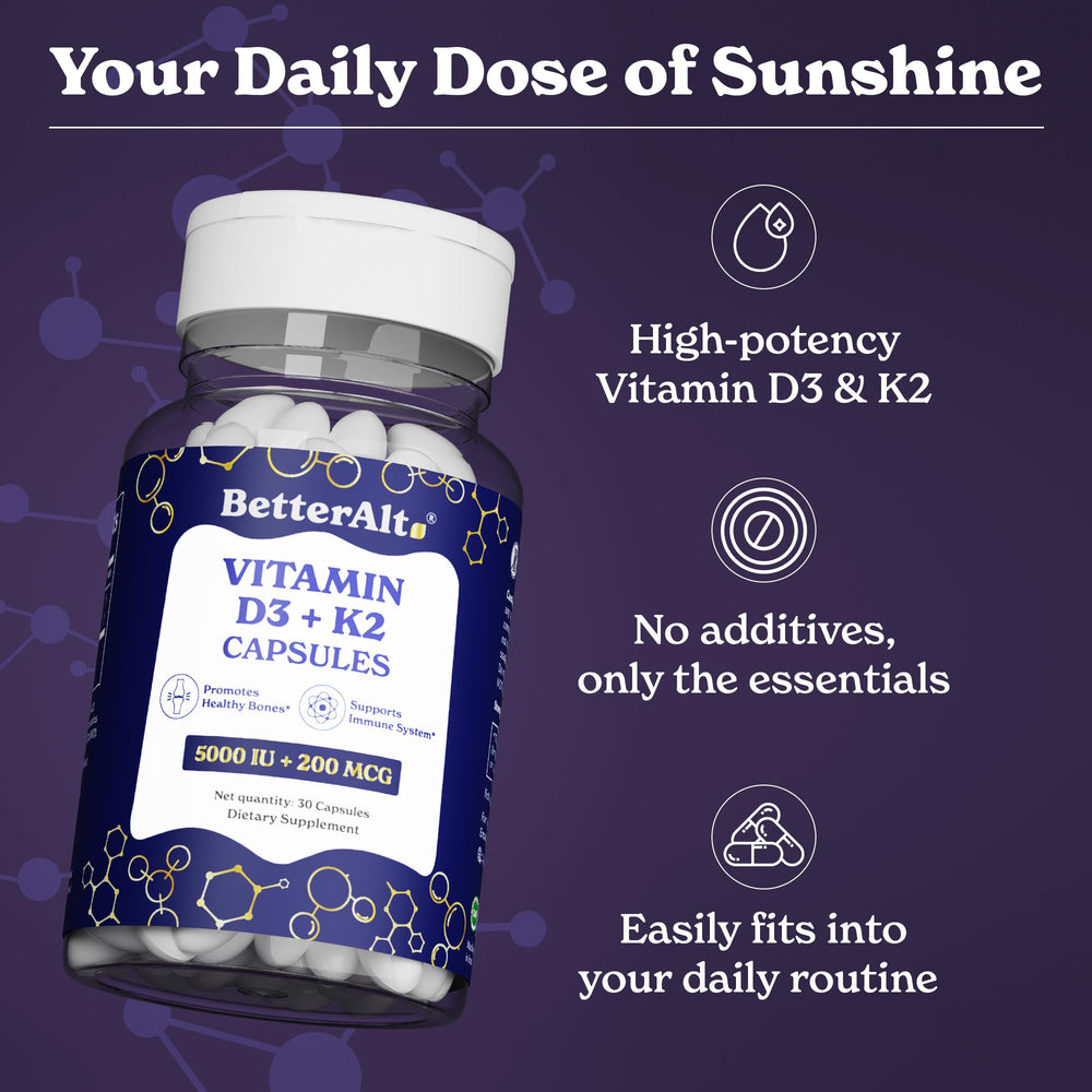 Better Alt Vitamin D3 K2 label detail emphasizes 5000 IU D3 and 200 mcg K2.