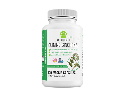 Better Health Quinine capsules bottle offering gentle digestive support.