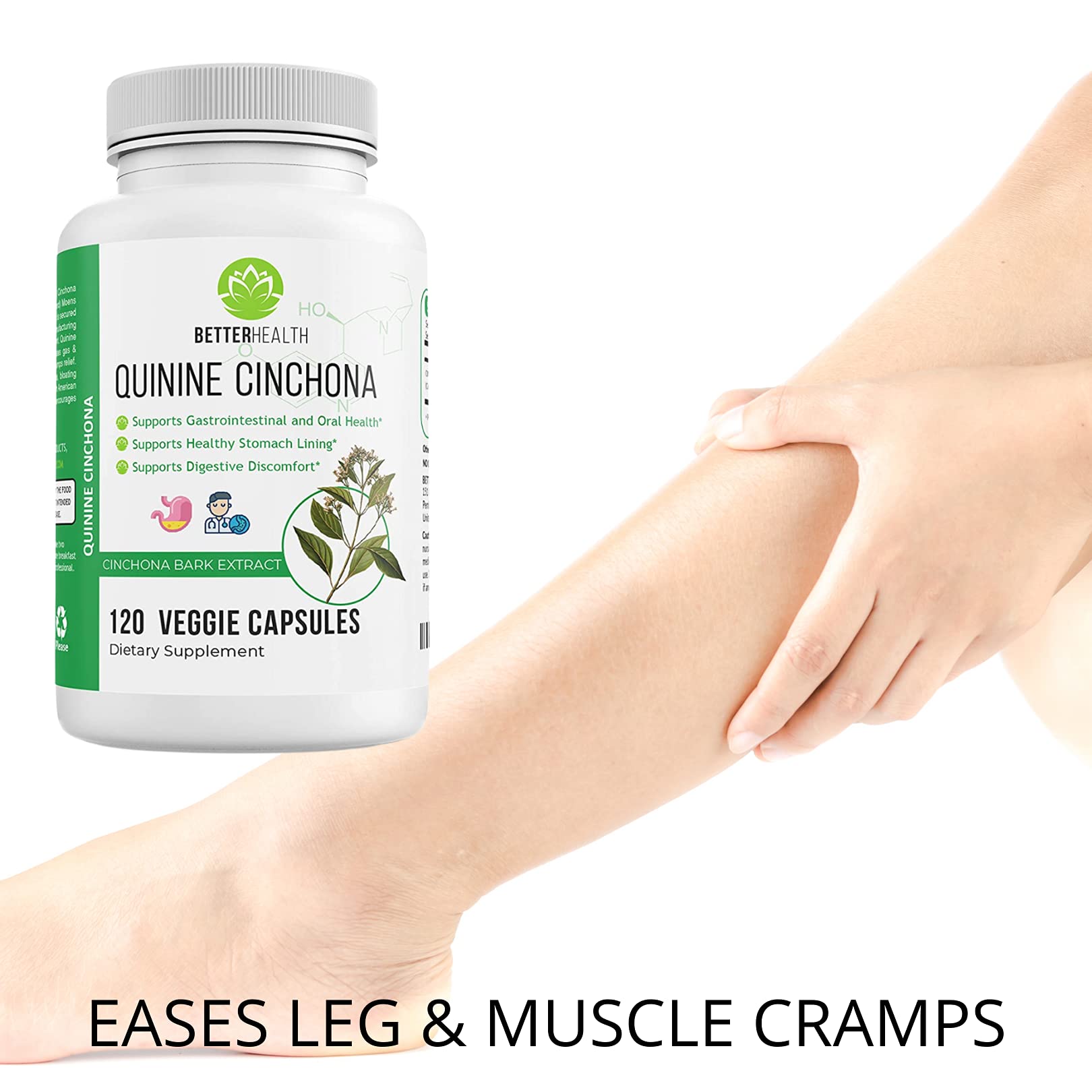 Eco-friendly packaging of Better Health Quinine Cinchona Bark supplement.