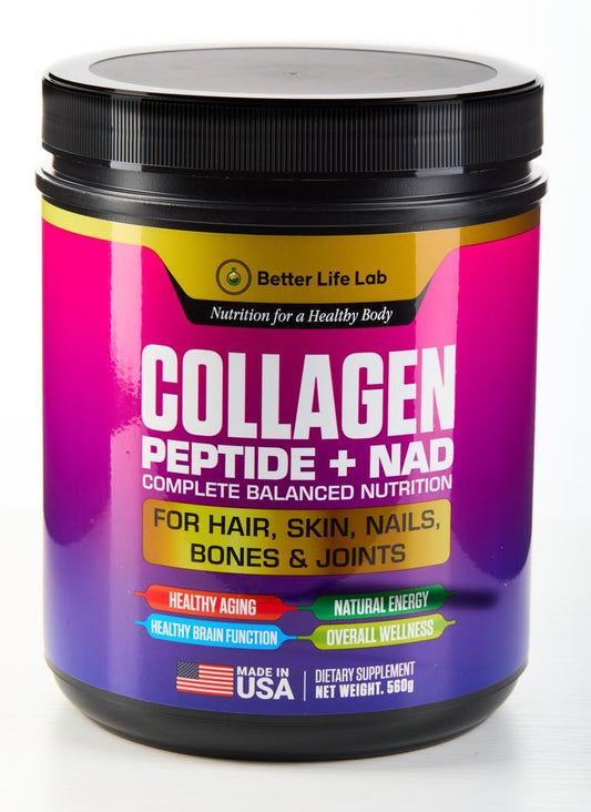 BETTER LIFE LAB hydrolyzed collagen powder tub front with grass-fed source for healthier aging.