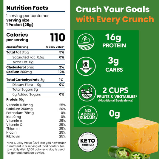 Close-up of Better Than Good puffs reveals crisp texture and bold jalapeño cheddar flavor.
