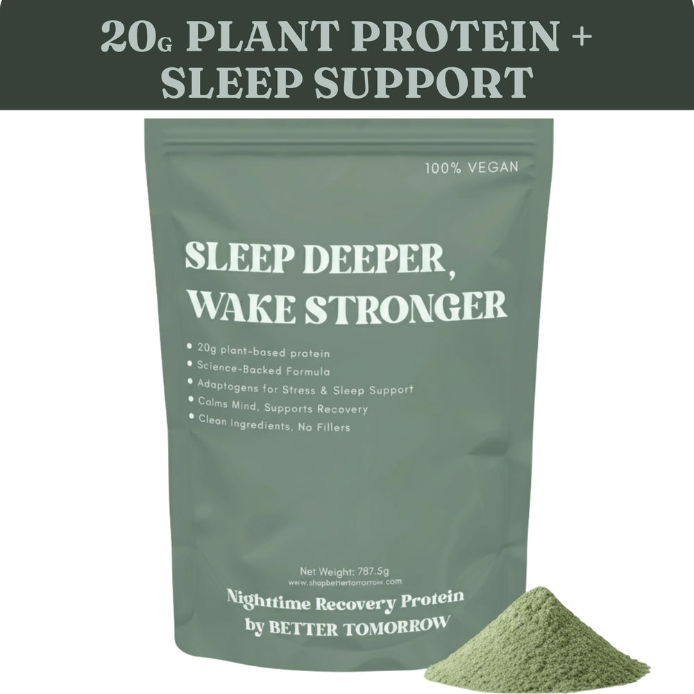 Better Tomorrow Nighttime Recovery Protein vanilla flavor tub on a nightstand for late-night ritual
