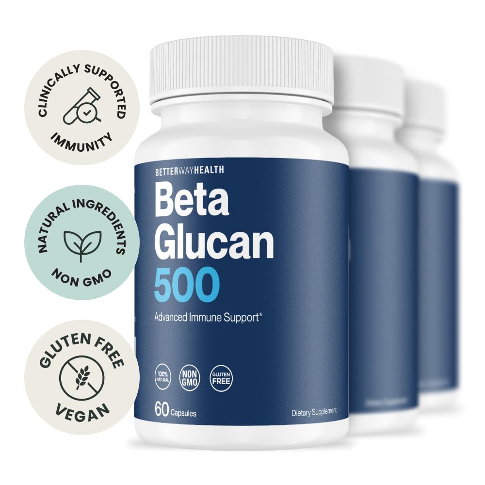 Better Way Health Beta Glucan 500 capsules closeup emphasizes clean, single-ingredient formula.