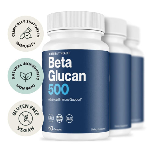 Better Way Health Beta Glucan 500 capsules closeup emphasizes clean, single-ingredient formula.