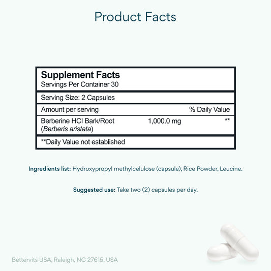 Close-up of Bettervits Berberine capsules highlighting simple vegan dosing.