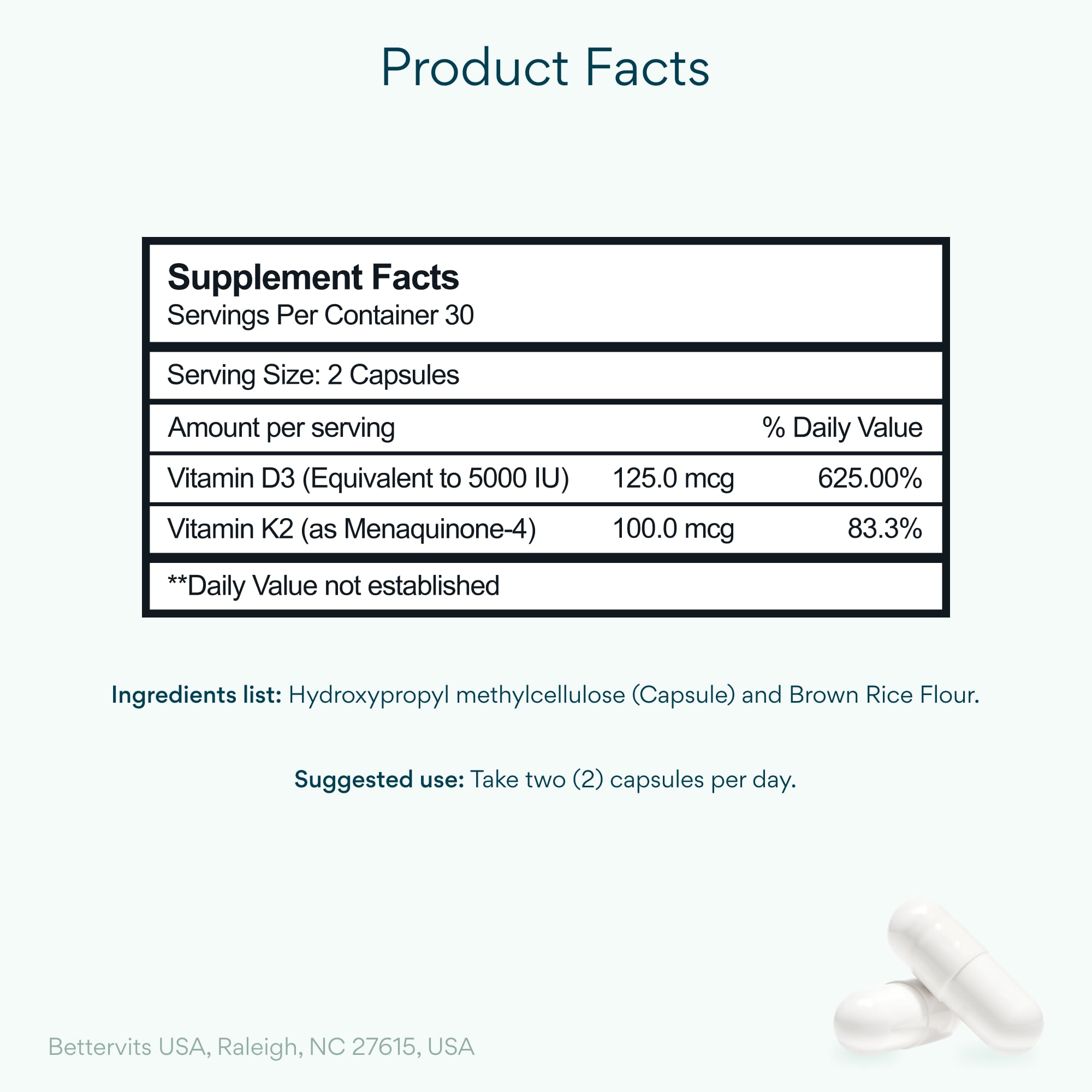 Bettervits D3 K2 capsules closeup emphasizes vegetarian capsules for clean daily supplementation