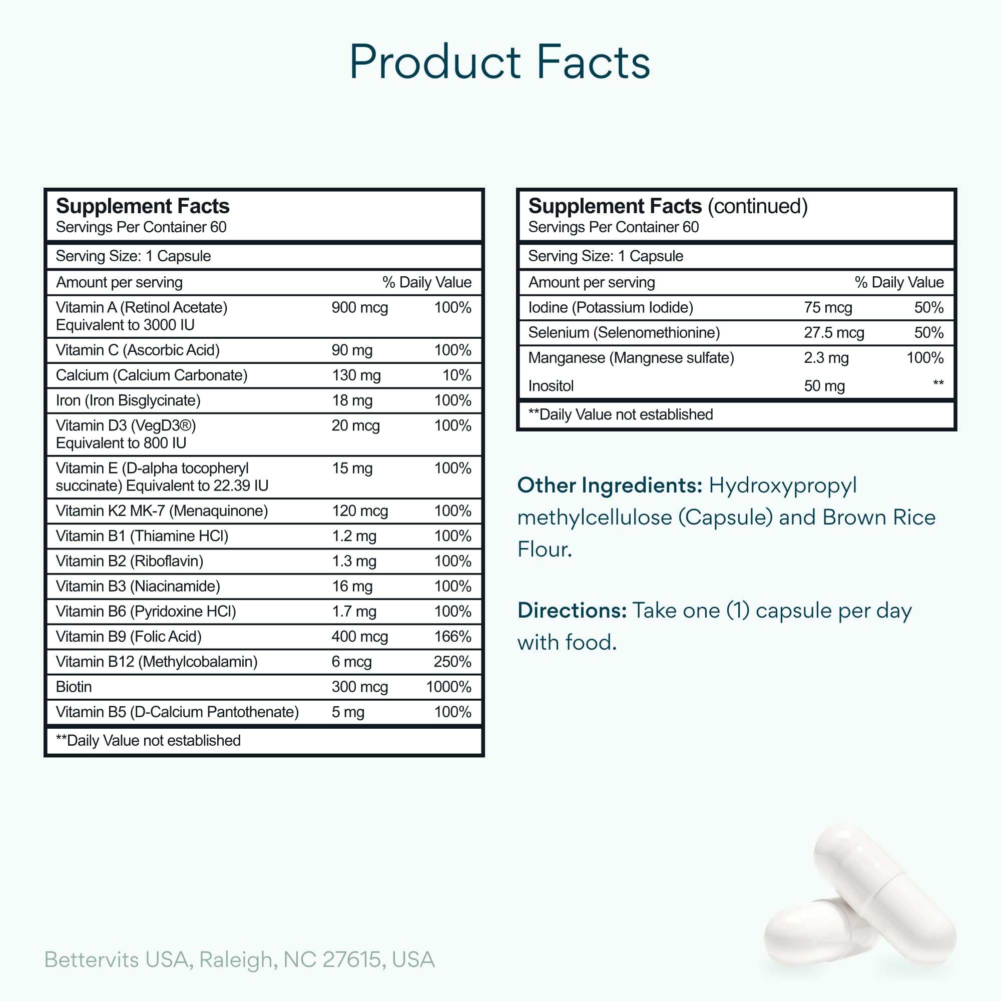 Bettervits bottle side label highlighting 13 vitamins and minerals