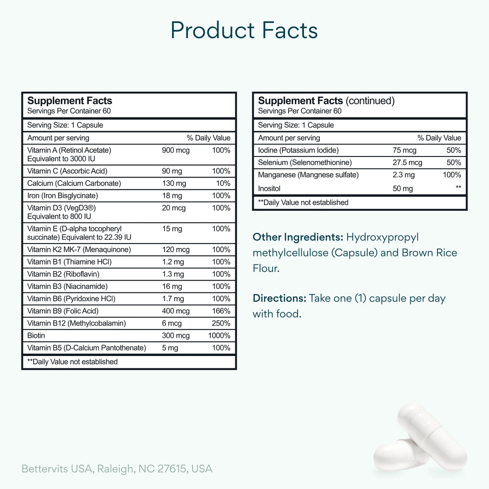 Bettervits bottle side label highlighting 13 vitamins and minerals