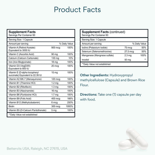 Bettervits bottle side label highlighting 13 vitamins and minerals