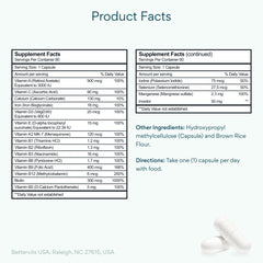 Bettervits bottle side label highlighting 13 vitamins and minerals
