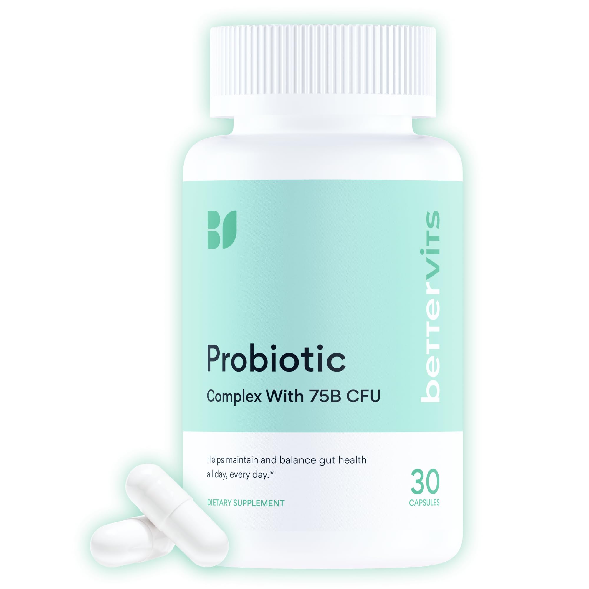 Bettervits Probiotics bottle cap showing 75B CFU for digestive balance.