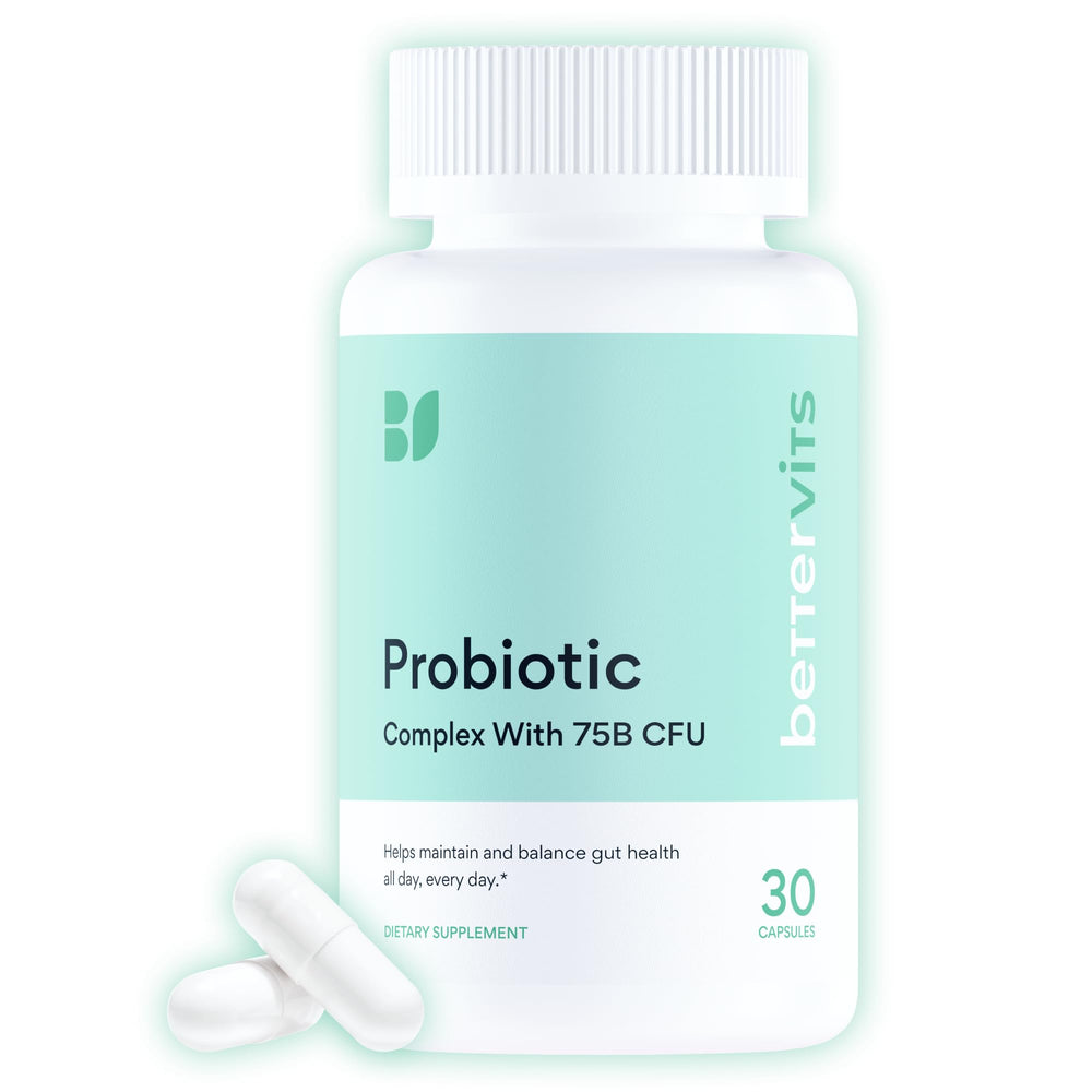 Bettervits Probiotics bottle cap showing 75B CFU for digestive balance.