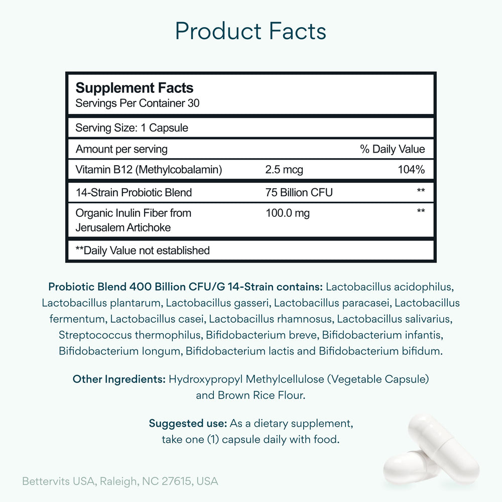 Bettervits Probiotics bottle front highlighting vegan formula for daily gut health.