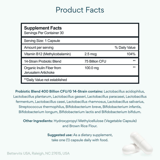 Bettervits Probiotics bottle front highlighting vegan formula for daily gut health.